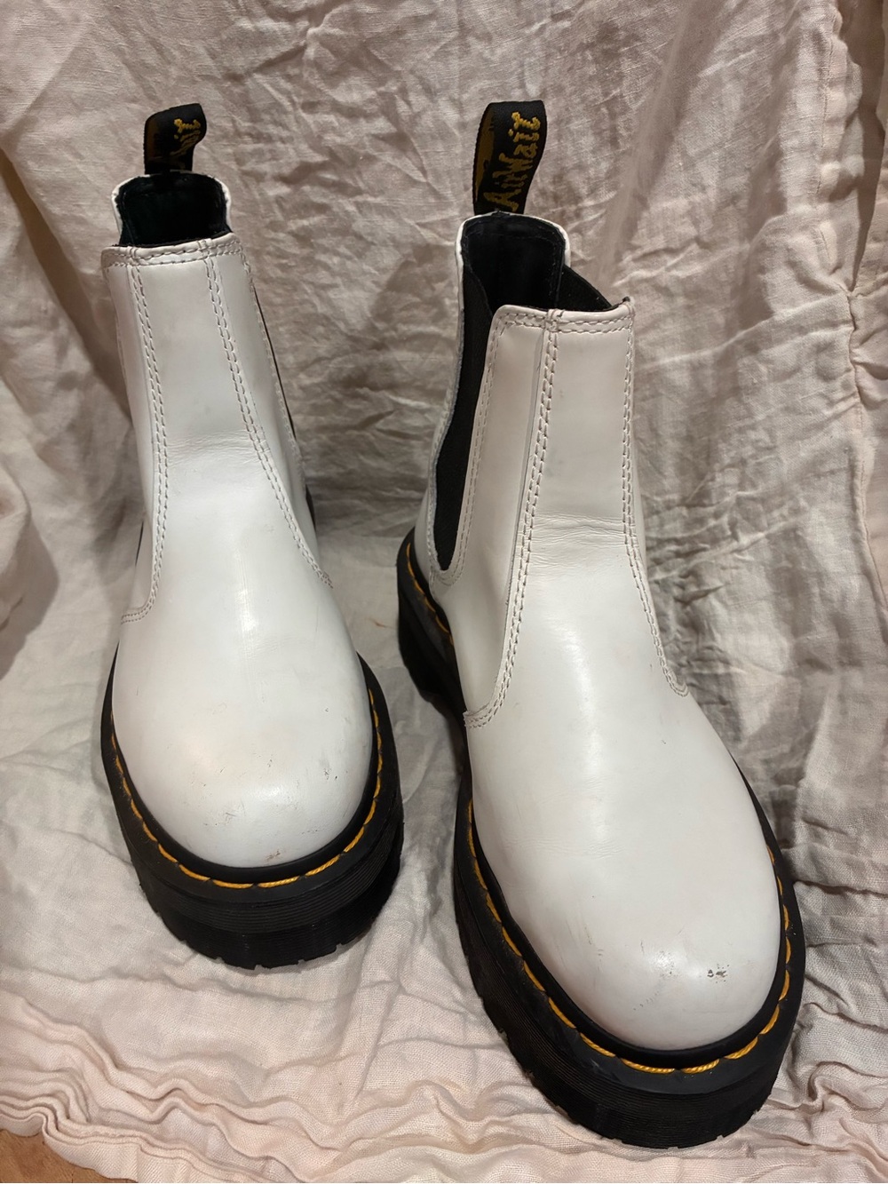 Dr. Martens White Leather Platform Chelsea Boots with Yellow Stitching